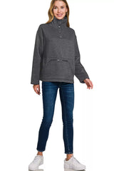 Zenana Fleece Washed High Neck Kangaroo Pocket Sweatshirt Trendsi