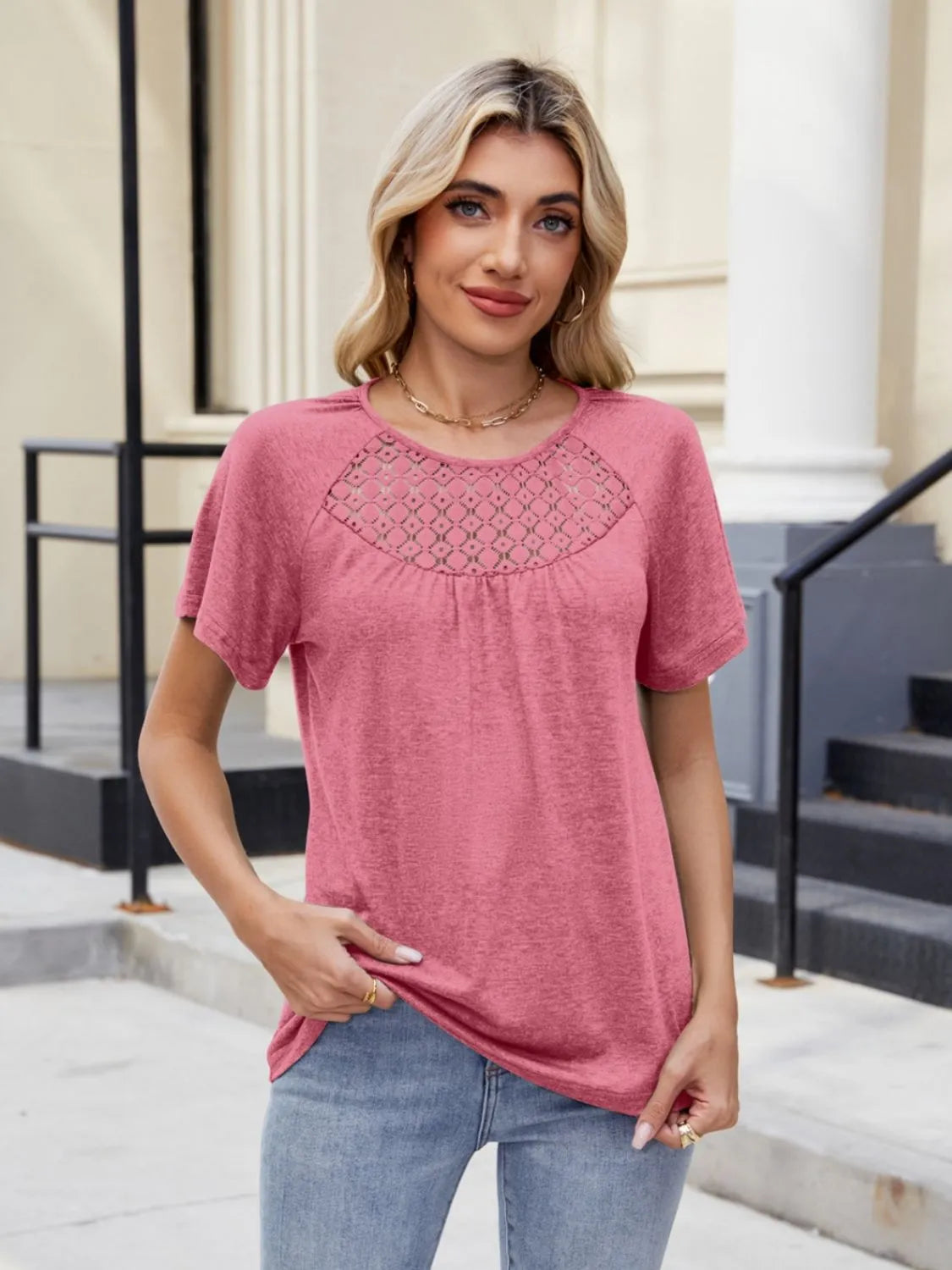 Lace Detail Round Neck Short Sleeve Blouse OutfitFlow