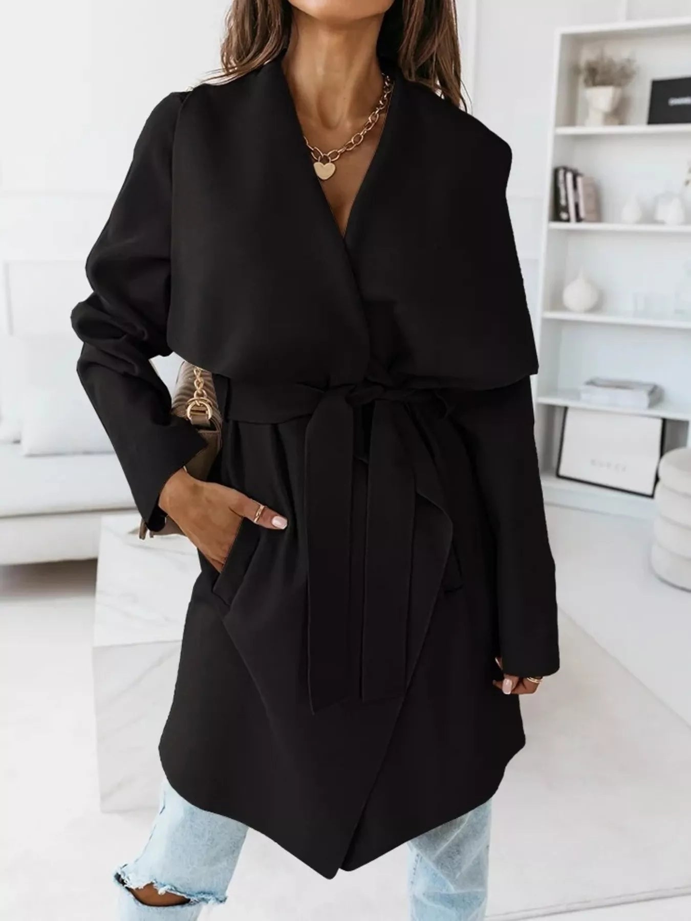 Tie Waist Long Sleeve Outerwear Black OutfitFlow