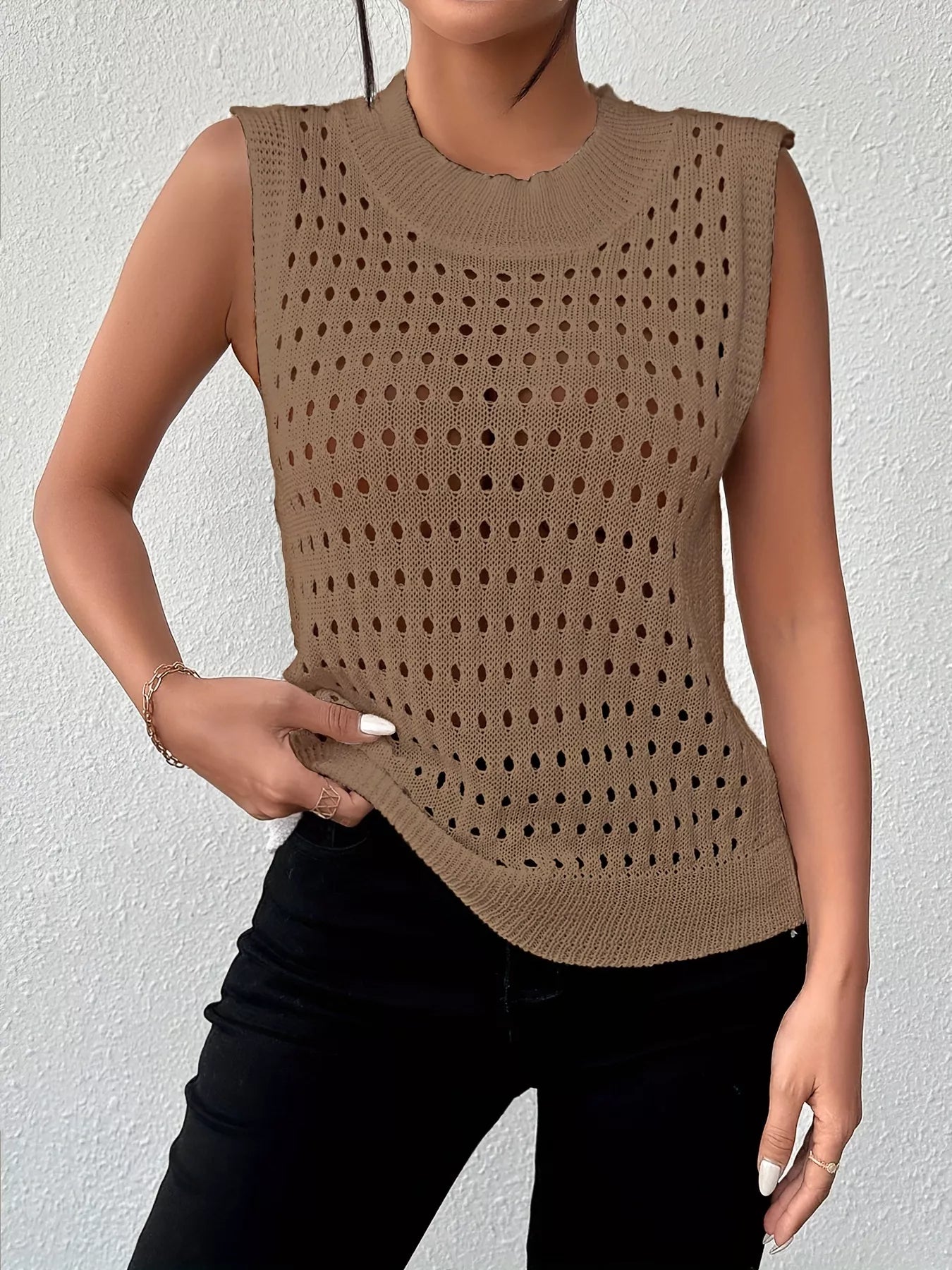 Hollow Out Round Neck Knit Tank Camel OutfitFlow