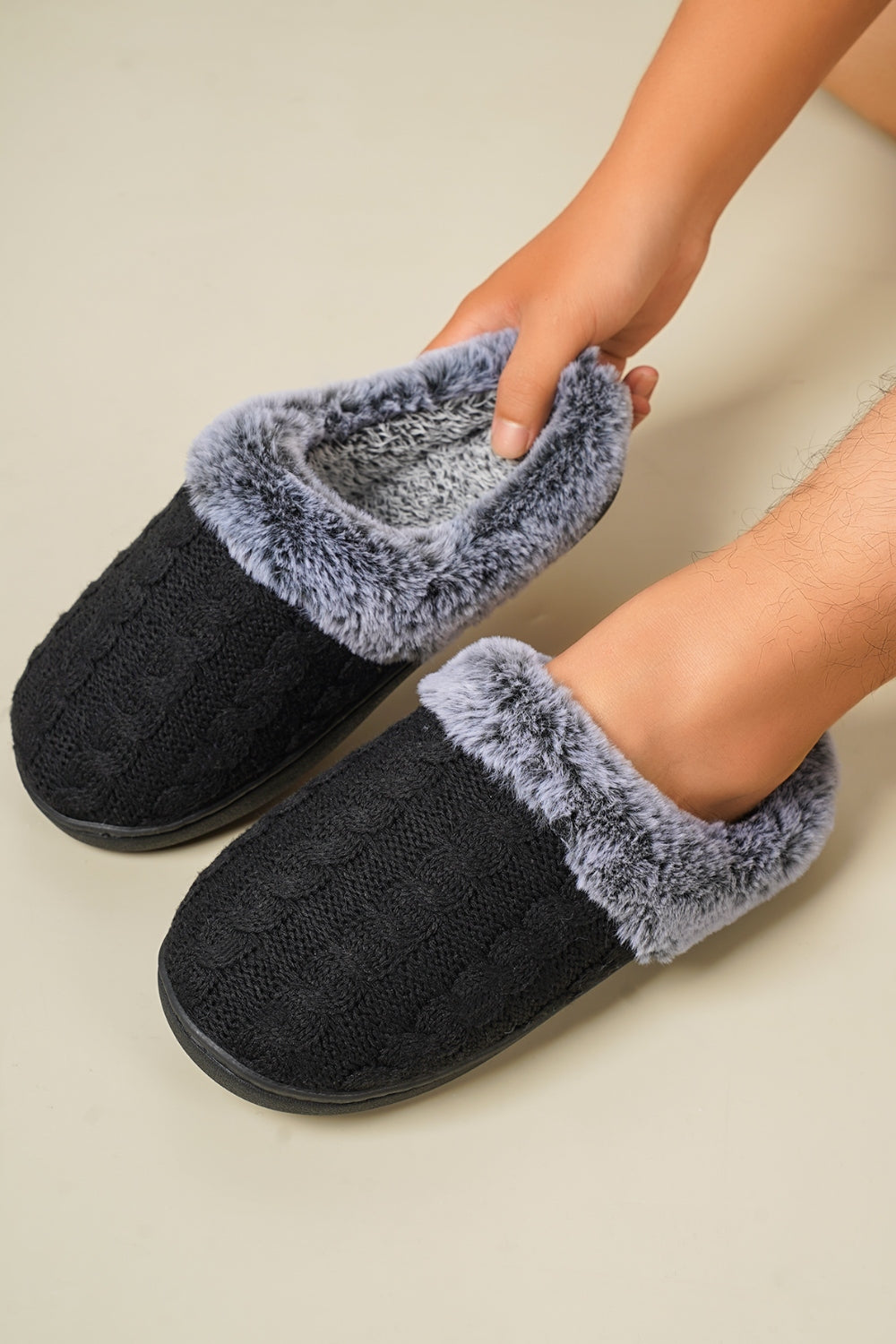 Cable-Knit Fluff Round Toe Slippers