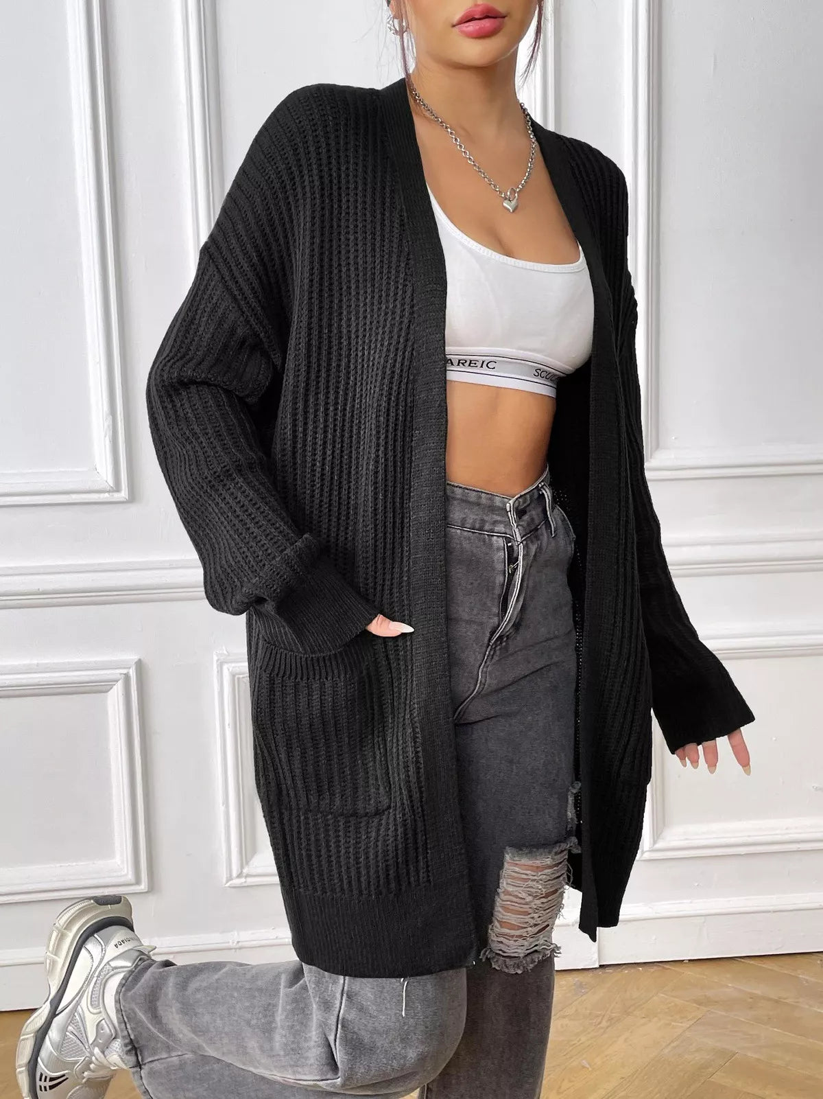 Open Front Drop Shoulder Cardigan OutfitFlow