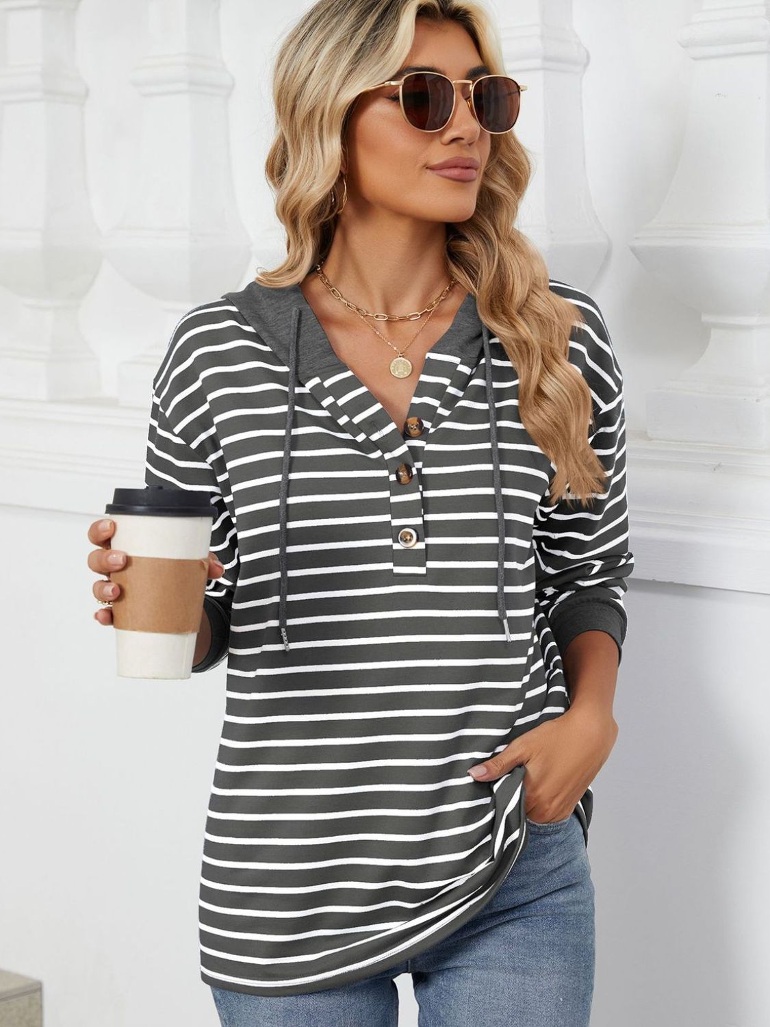 Outfit Flow - Drawstring Striped Long Sleeve Hoodie