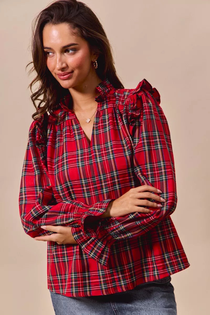 SO ME Christmas Checkered Plaid Smocked Blouse OutfitFlow