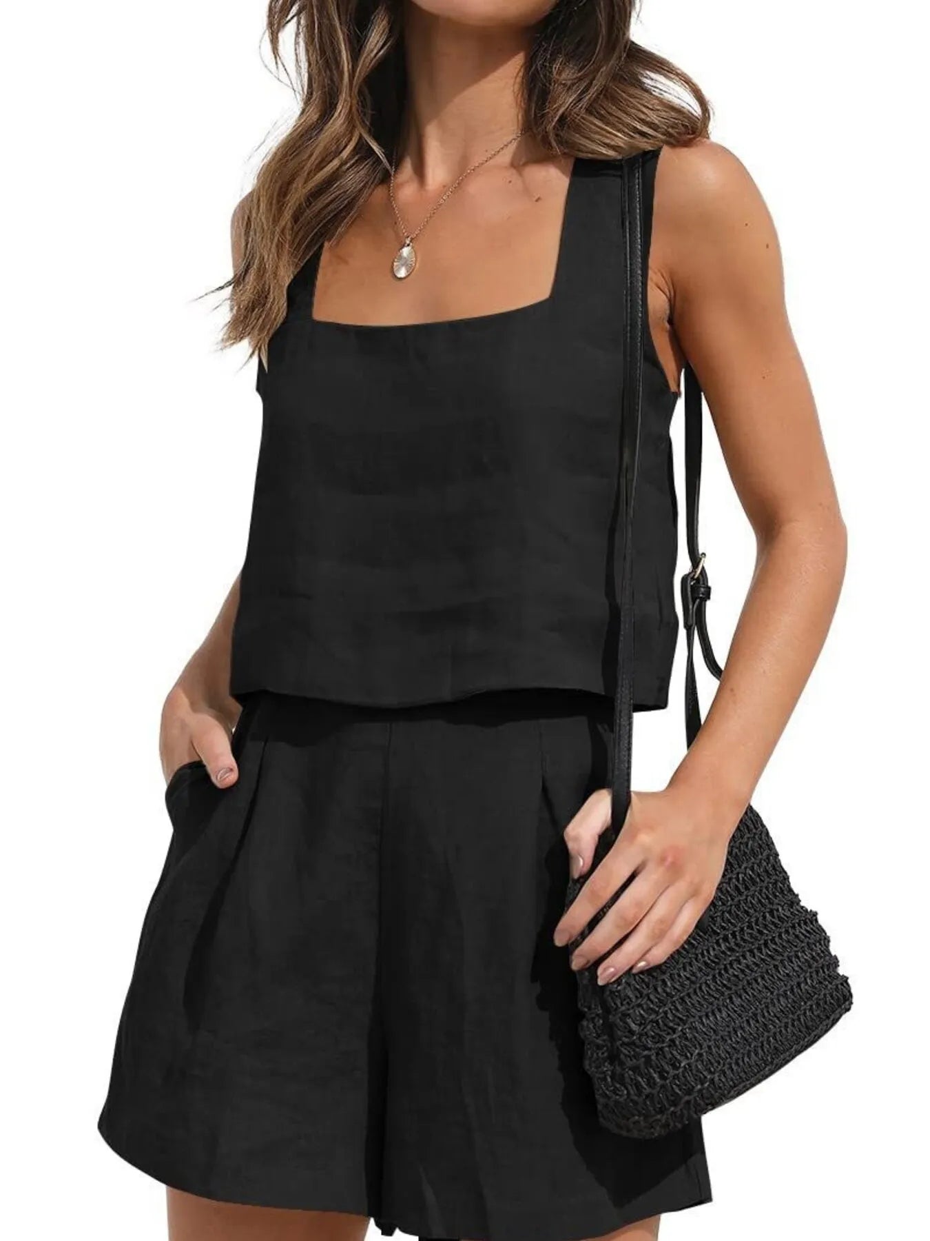 Square Neck Tank and Shorts Set Black OutfitFlow