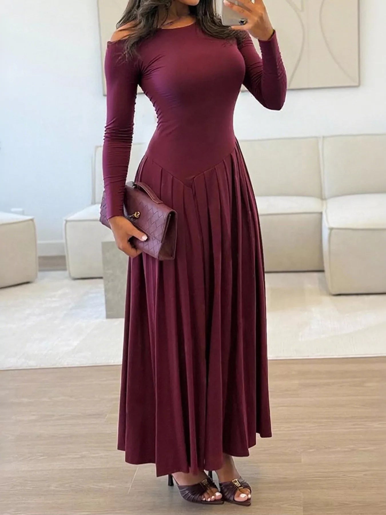 Ruched One Shoulder Long Sleeve Dress Burgundy OutfitFlow