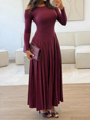 Ruched One Shoulder Long Sleeve Dress Burgundy OutfitFlow