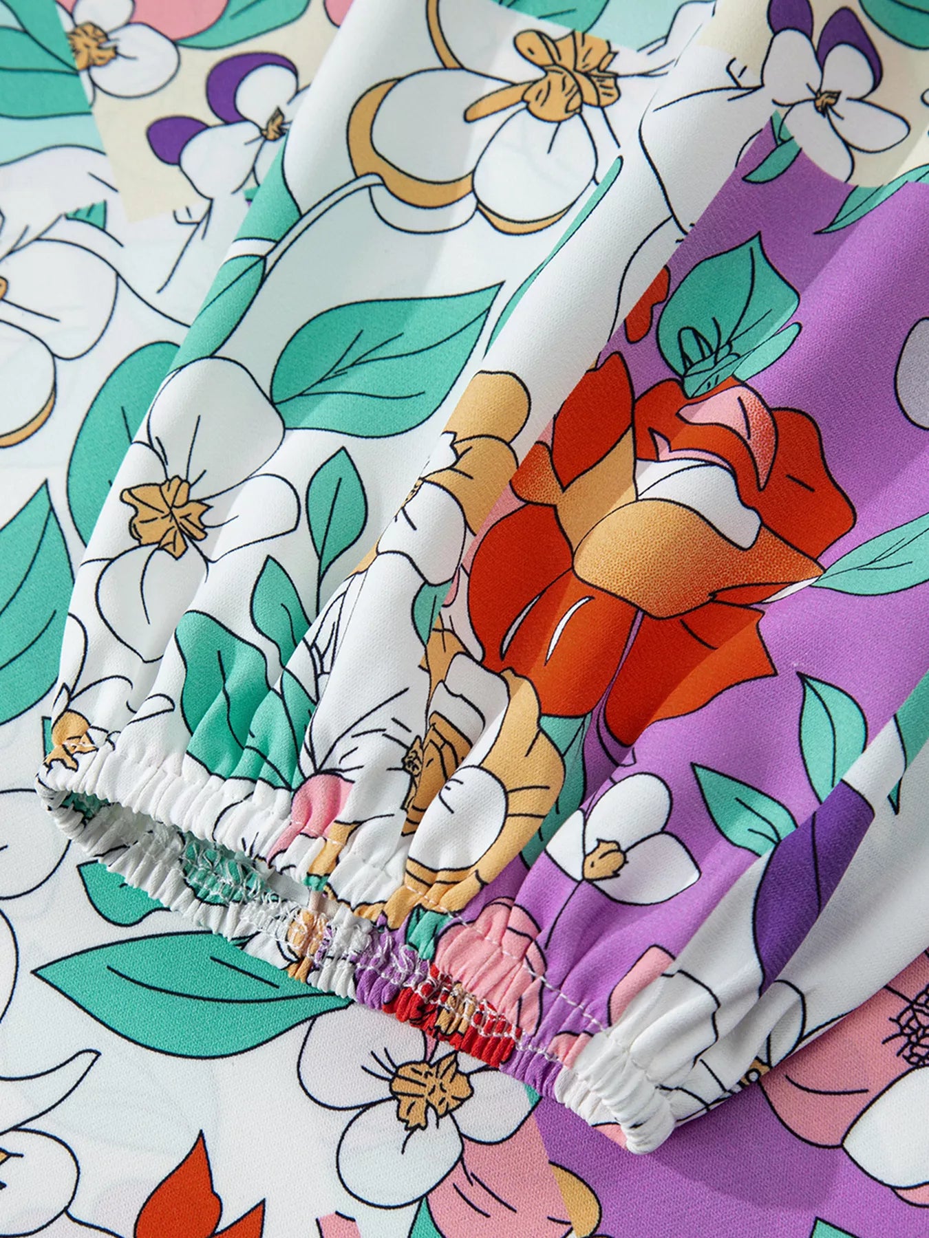 Floral Print Patchwork Frilly Neckline Long Sleeve Shirt Trendsi