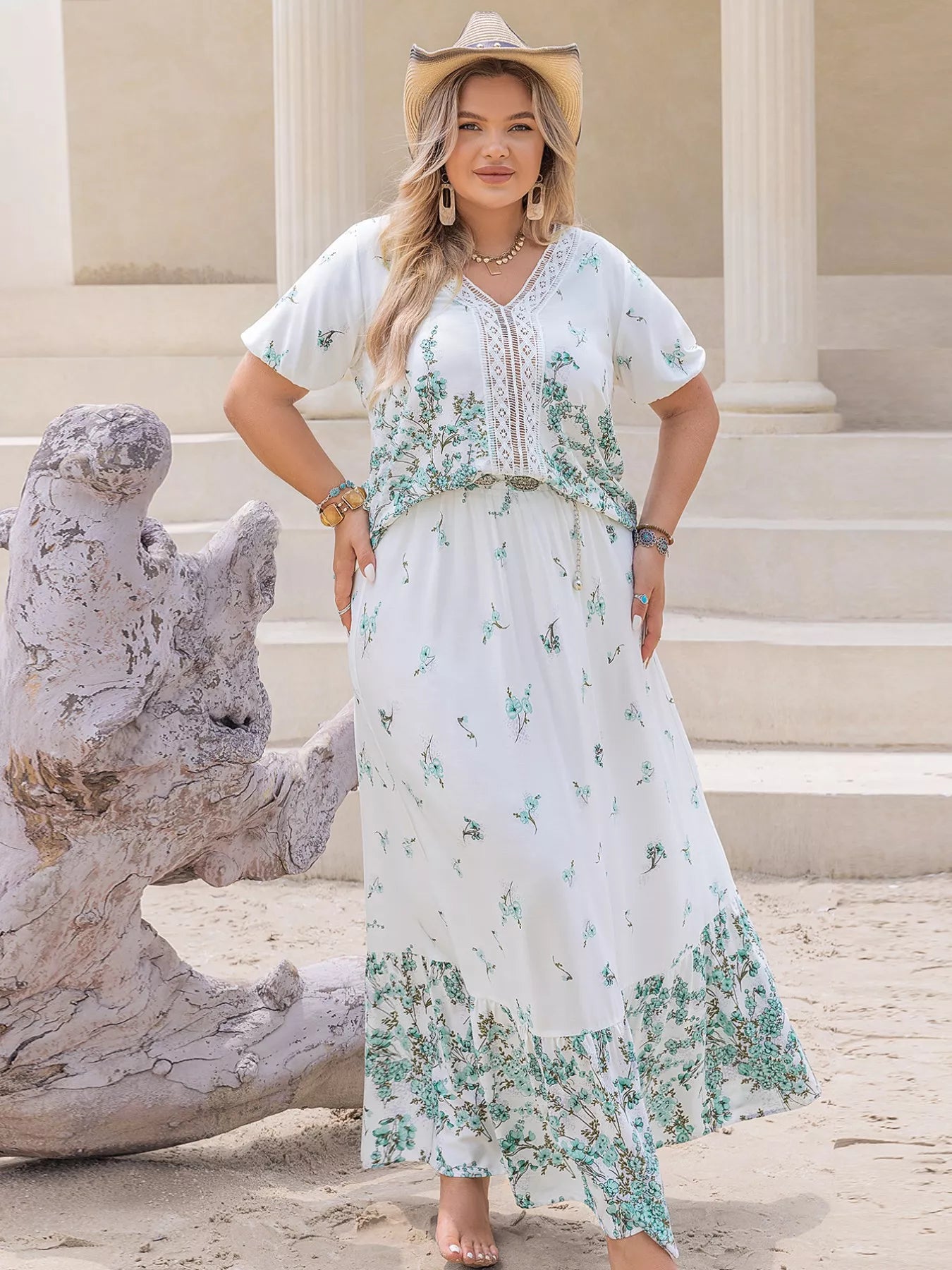 Plus Size Printed Lace Detail Short Sleeve Top and Skirt Set OutfitFlow