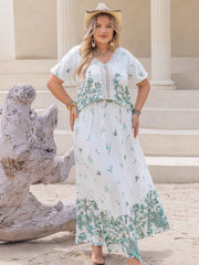 Plus Size Printed Lace Detail Short Sleeve Top and Skirt Set OutfitFlow