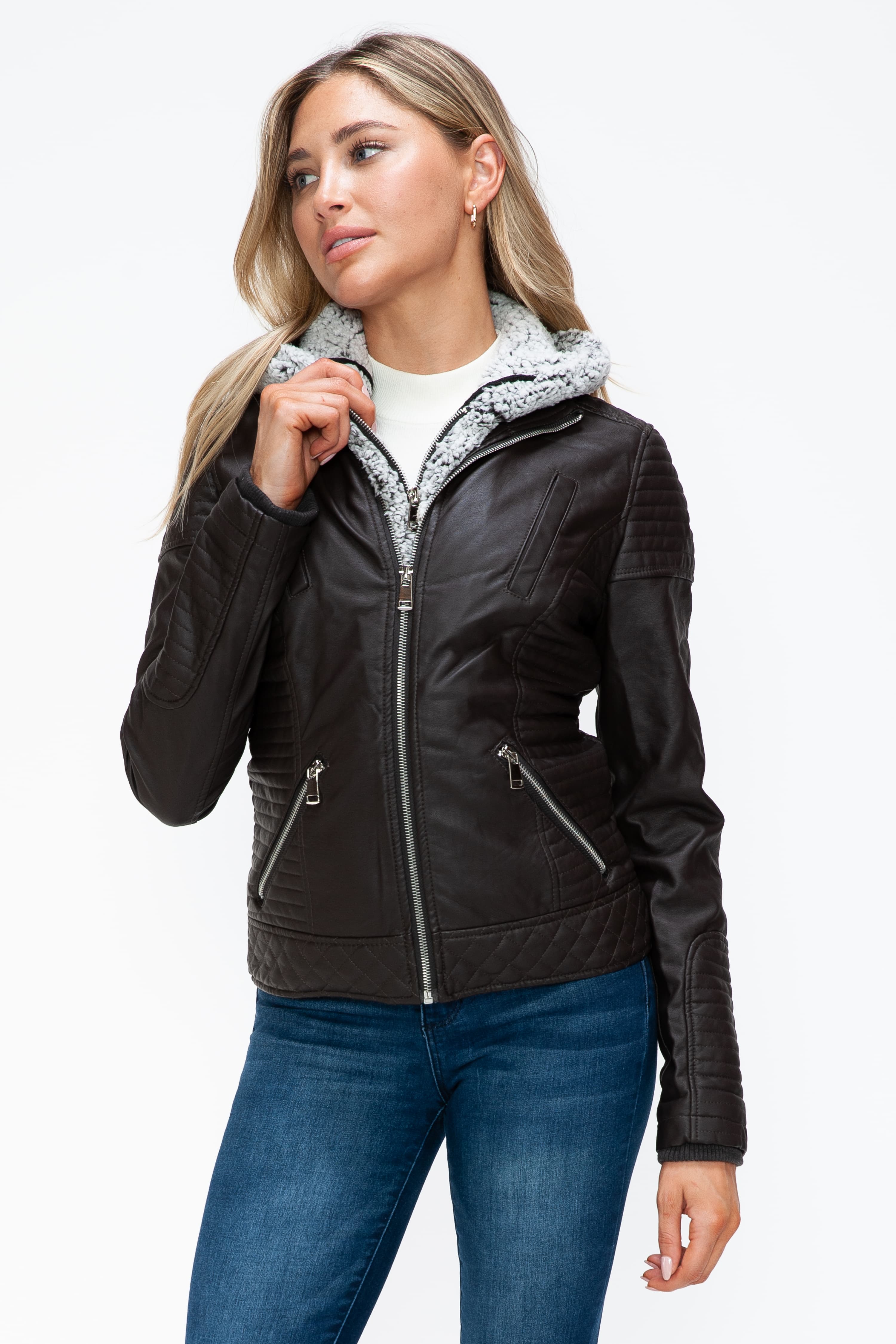 Outfit Flow - YMI Faux Layered Double-Zipper Jacket with Fuzzy Hood