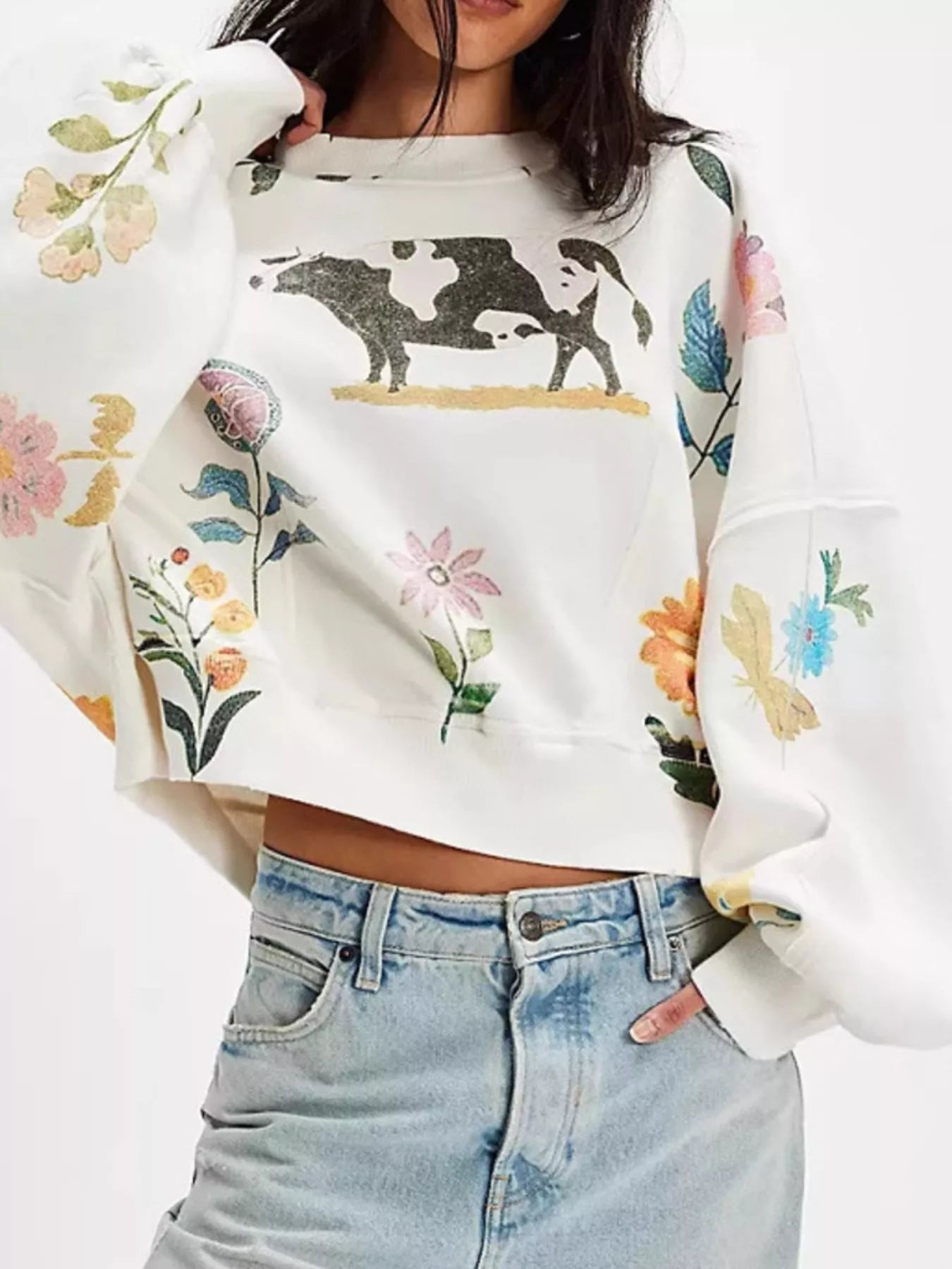 Printed Round Neck Dropped Shoulder Sweatshirt OutfitFlow