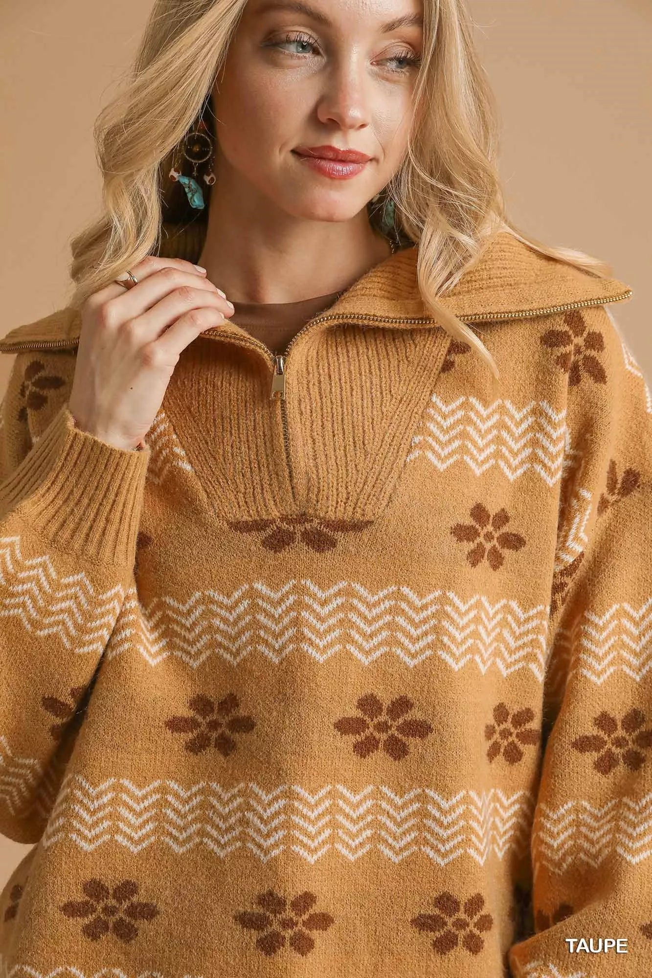 Umgee Floral Patterned Jacquard Quarter-Zip Pullover Sweater Trendsi