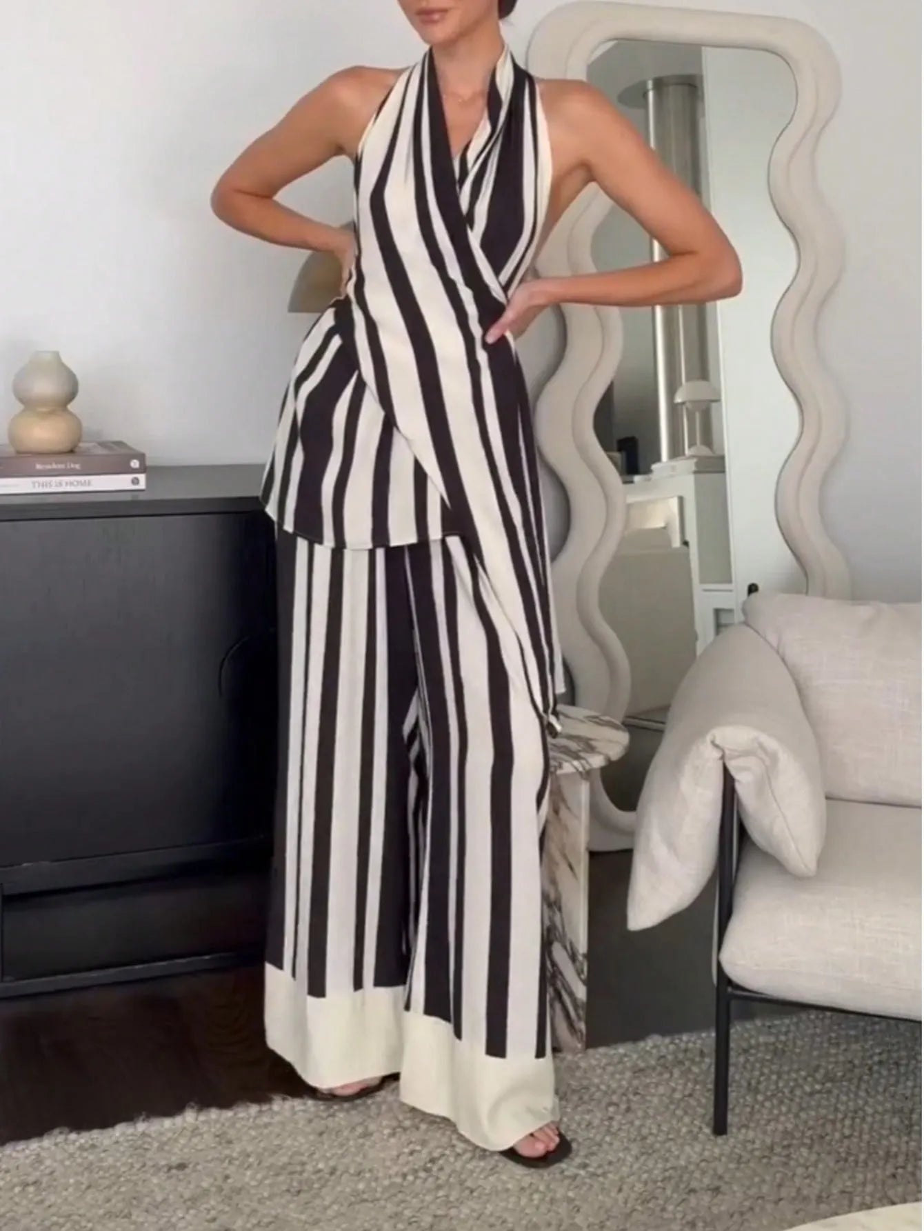 Striped Halter Neck Top and Pants Two-Piece Set OutfitFlow