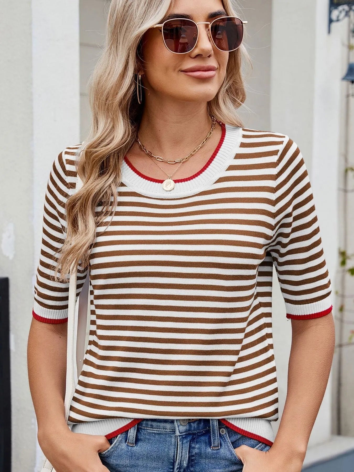 Striped Casual T-Shirt with Contrast Trim OutfitFlow