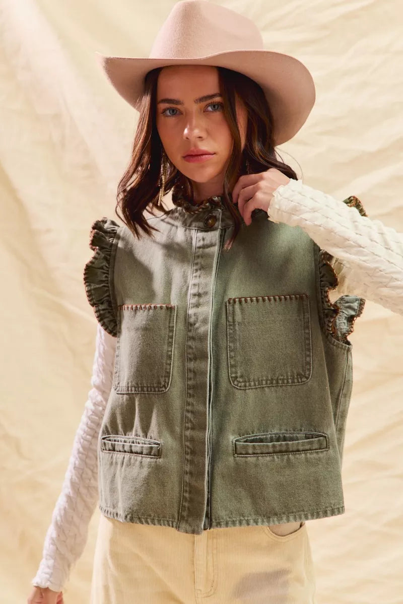 SO ME Washed Denim Stitch Ruffled Hidden Button Vest Top OutfitFlow