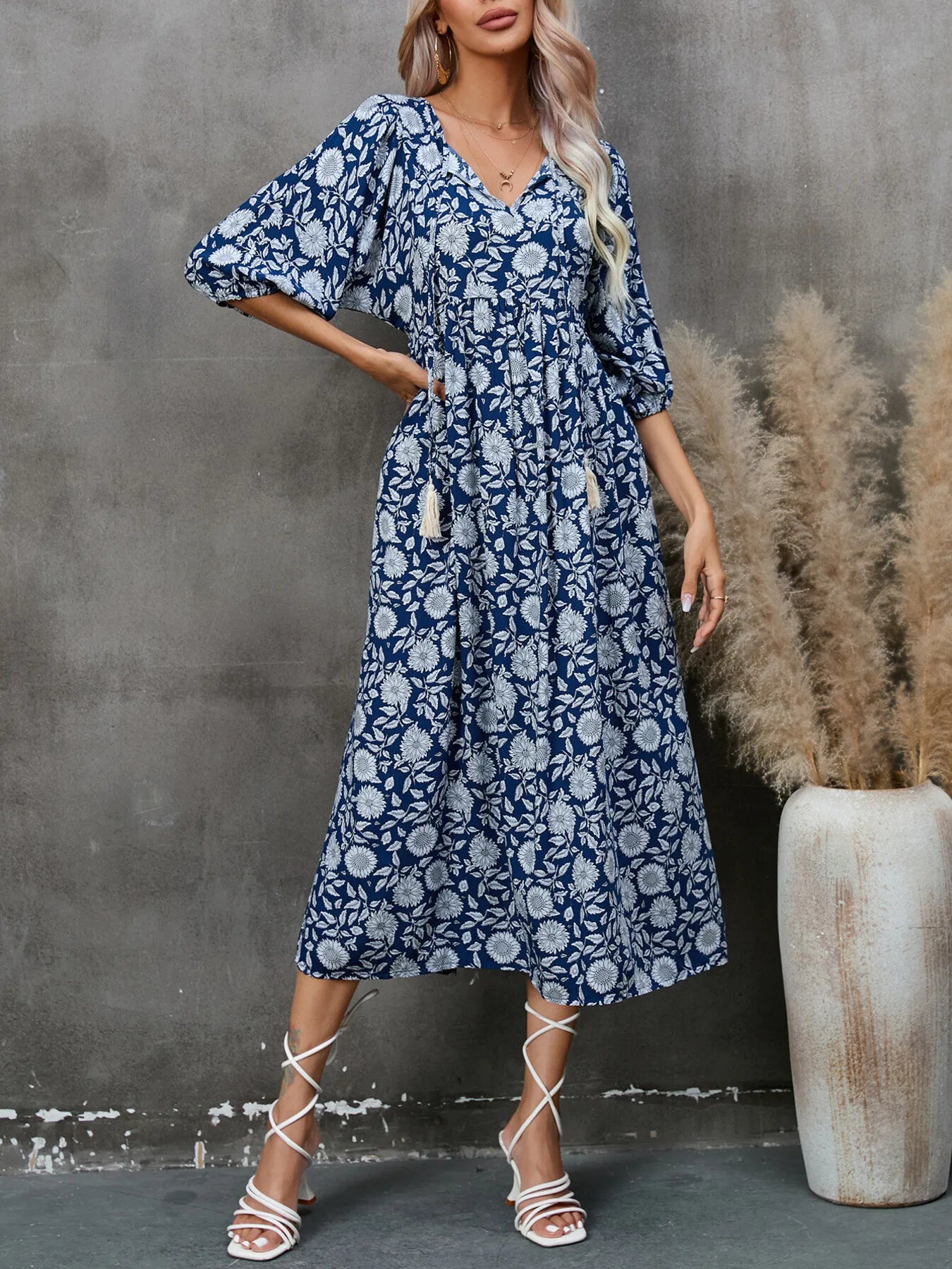Printed Tie Neck Midi Dress OutfitFlow