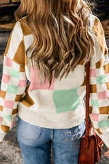 Outfit Flow - Checkered Round Neck Drop Shoulder Sweater