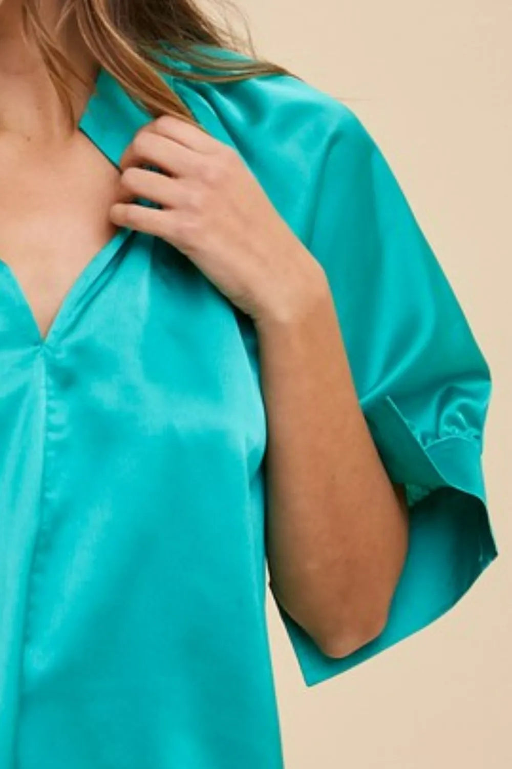 Annie Wear Satin V Neck Open Short Sleeve Woven Blouse Top OutfitFlow