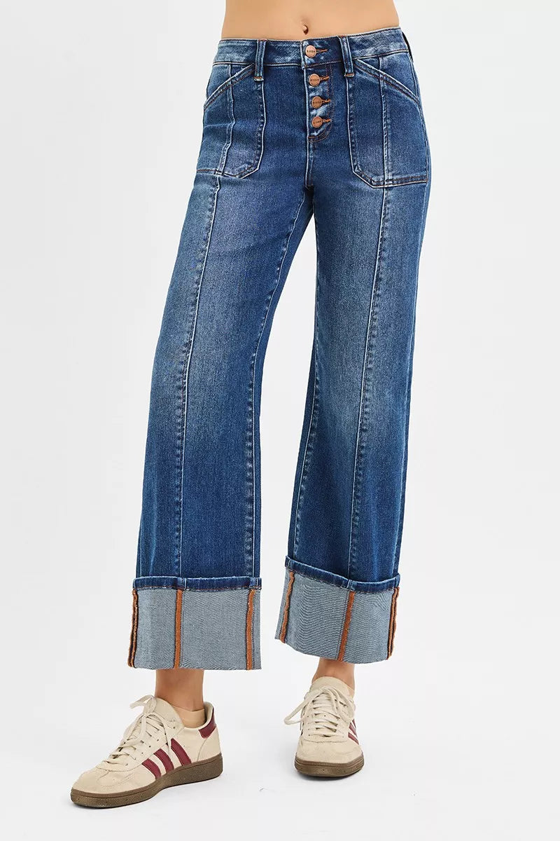 RISEN Full Size High Rise Crop Wide Straight Cuffed Jeans Plus Size DARK OutfitFlow