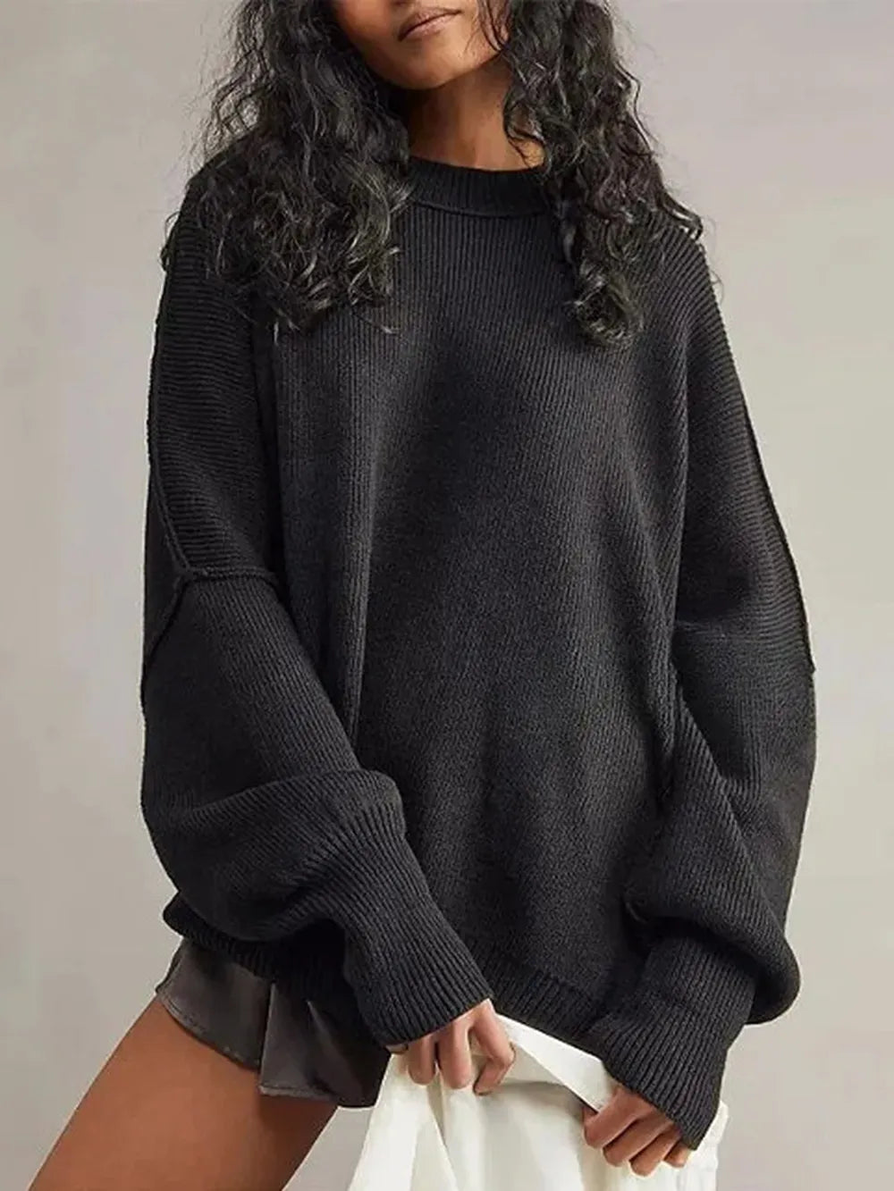 Round Neck Long Sleeve Sweater Black OutfitFlow