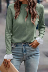 Outfit Flow - Lace Detail Round Neck Long Sleeve T-Shirt