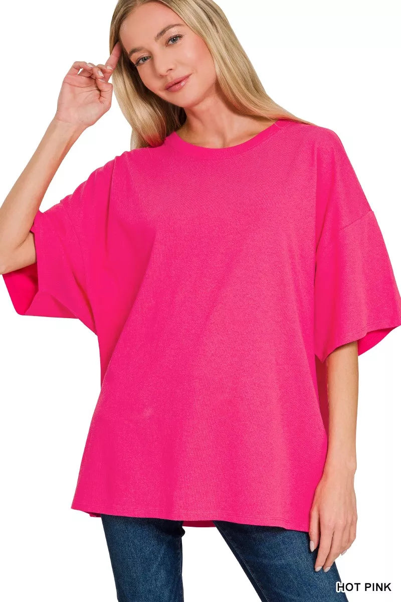 Zenana Cotton Short Sleeve Oversized Tunic Tee HOT PINK OutfitFlow