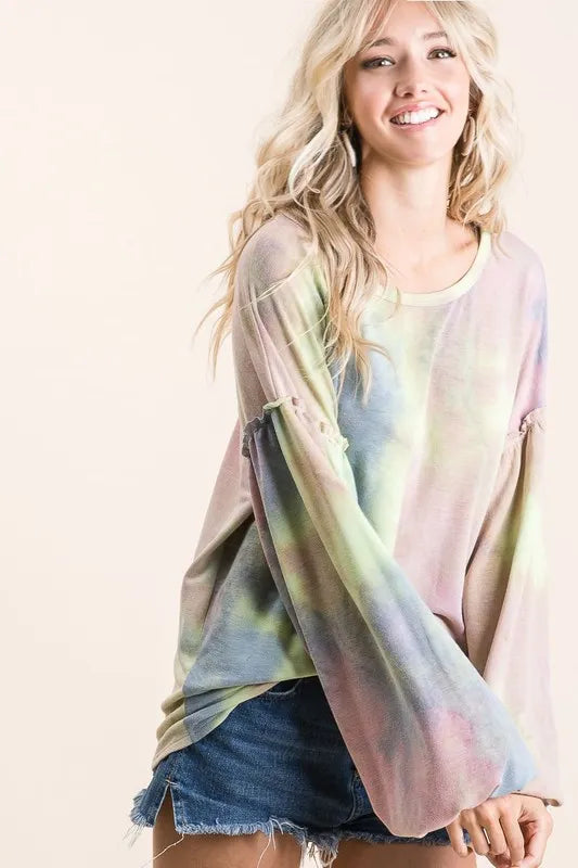 BiBi Tie Dye French Terry Sweatshirt With Bubble Sleeves Trendsi