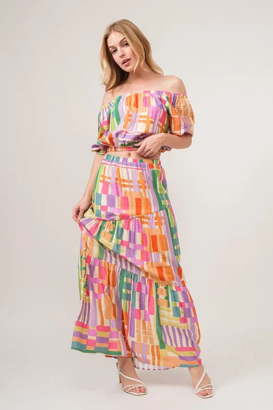 And The Why Puff Sleeve Elastic Edges Geo Printed Crop Top OutfitFlow