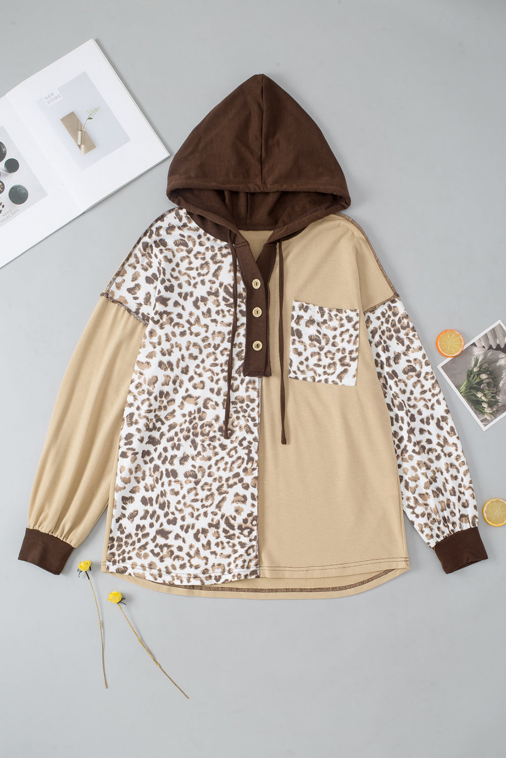 Outfit Flow - Leopard Drawstring Chest Pocket Hoodie