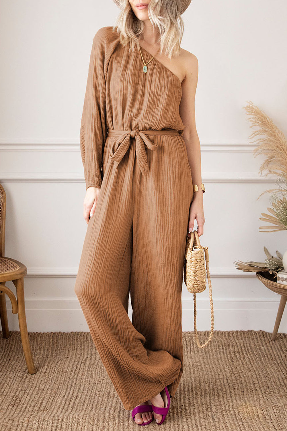 Outfit Flow - Texture Single Shoulder Tie-Waist Jumpsuit