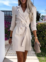 3/4 Sleeve Belted Blazer Dress Khaki OutfitFlow