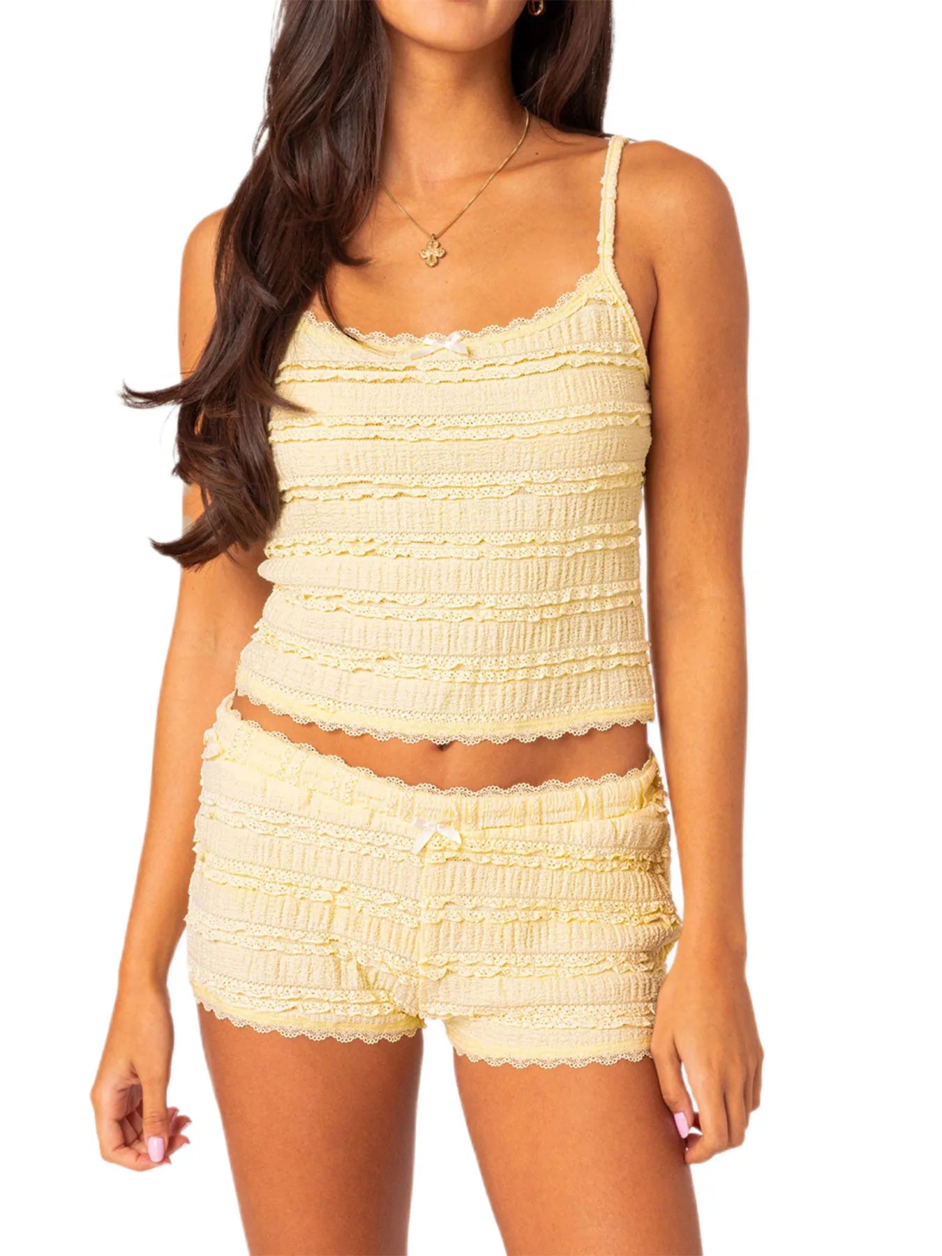 Lace Detail Cami and Shorts Set OutfitFlow