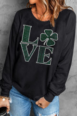 LOVE Rhinestone Clover Round Neck Sweatshirt OutfitFlow