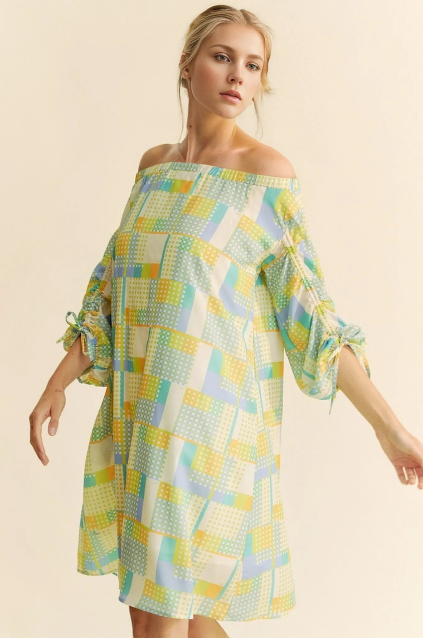 Davi & Dani Printed Off Shoulder Drawstring Sleeve Mini Dress LT.BLUE CREAM OutfitFlow