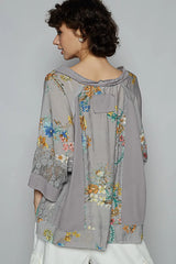 POL Floral V-Neck Raw Edge T-Shirt with Lace Detail OutfitFlow