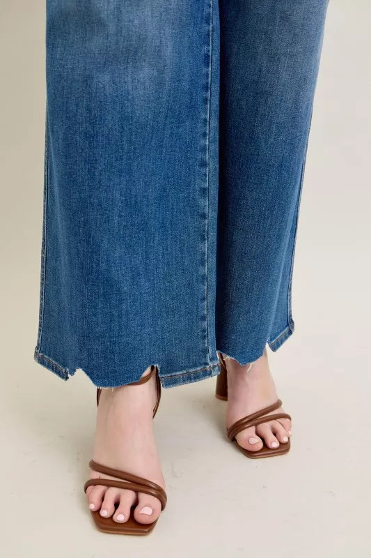 Judy Blue Full Size High Waist Tummy Control Chew Hem Destroy Wide Jeans Plus Size OutfitFlow