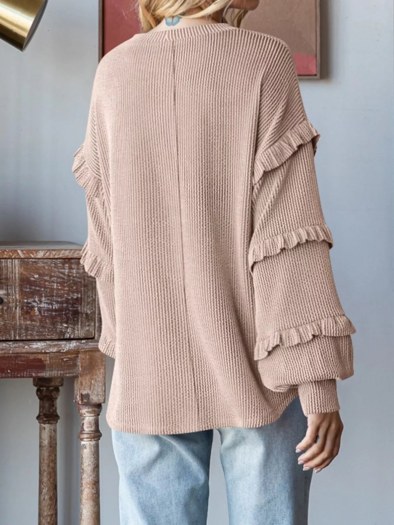 Ruffle Trim Long Sleeve Ribbed Top OutfitFlow