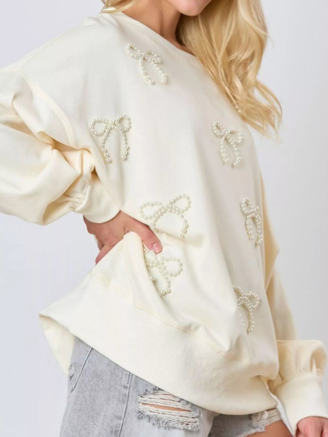 Pearl Embellished Bow Long Sleeve Sweatshirt OutfitFlow