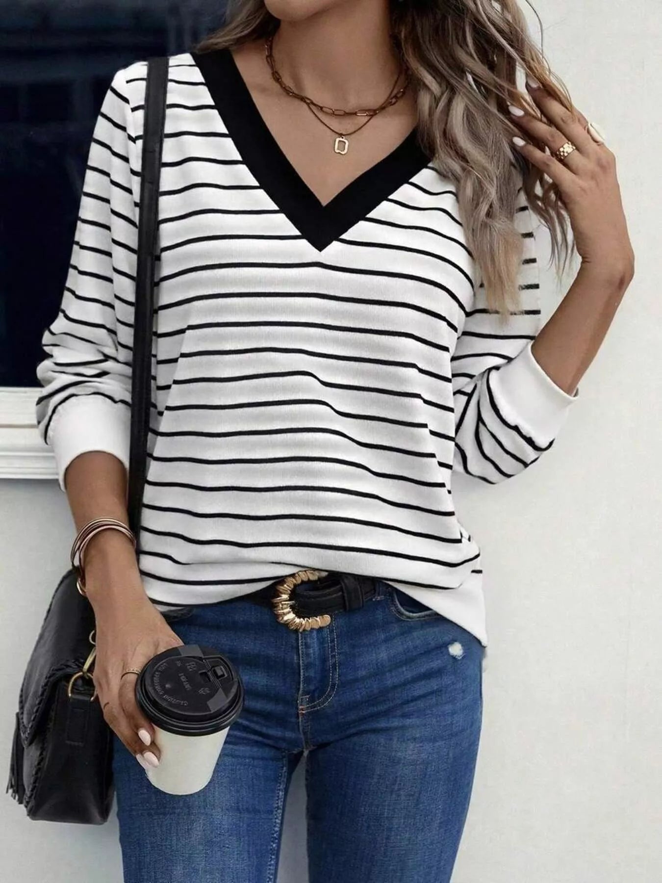 Striped V-Neck Long Sleeve T-Shirt Black OutfitFlow