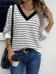 Striped V-Neck Long Sleeve T-Shirt Black OutfitFlow