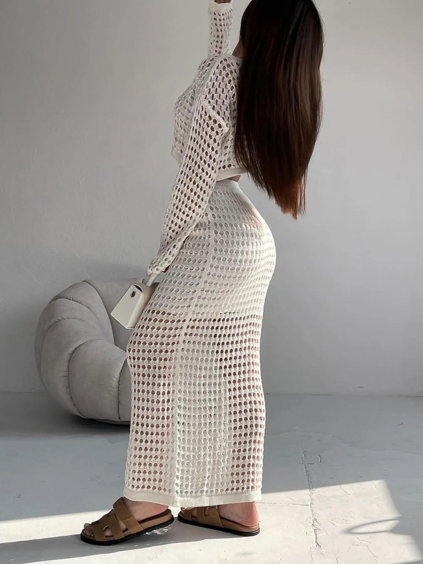 Hollow Out Long Sleeve Top and Skirt Knit Set OutfitFlow