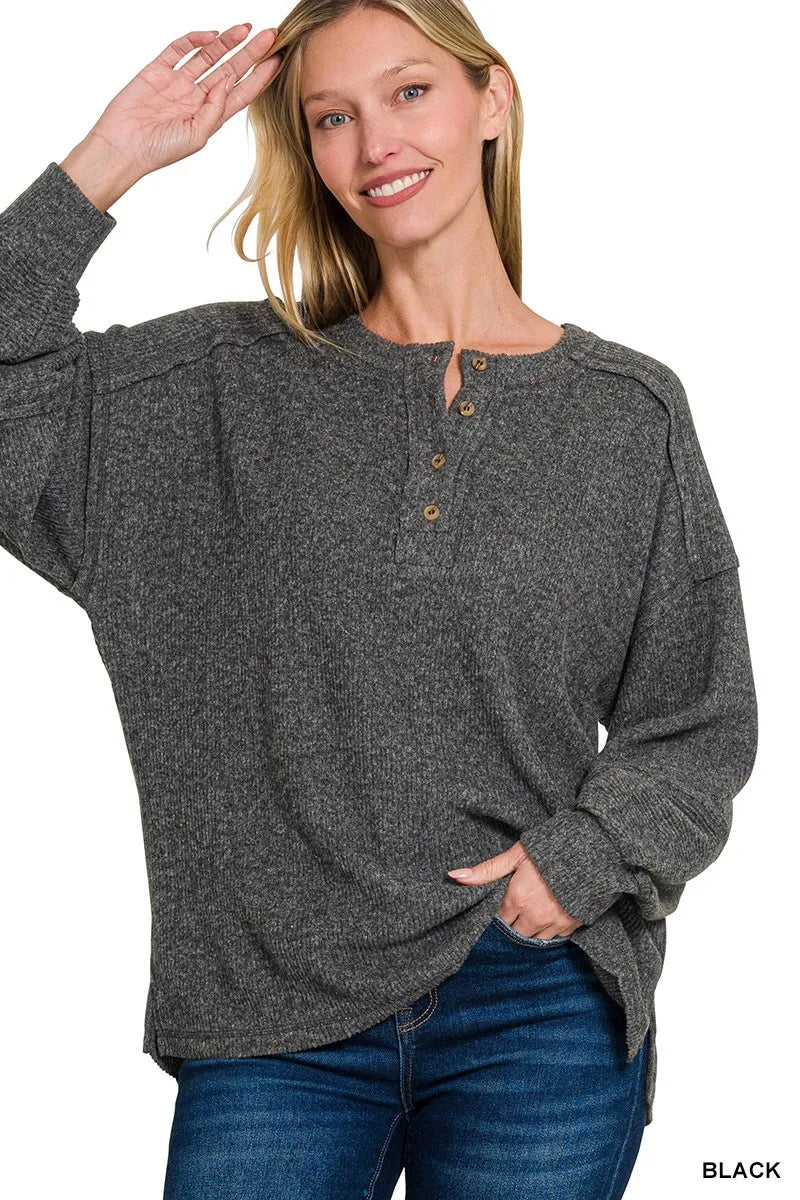 Zenana Full Size Ribbed Brushed Hacci Melange Henley Sweater Plus Size Trendsi