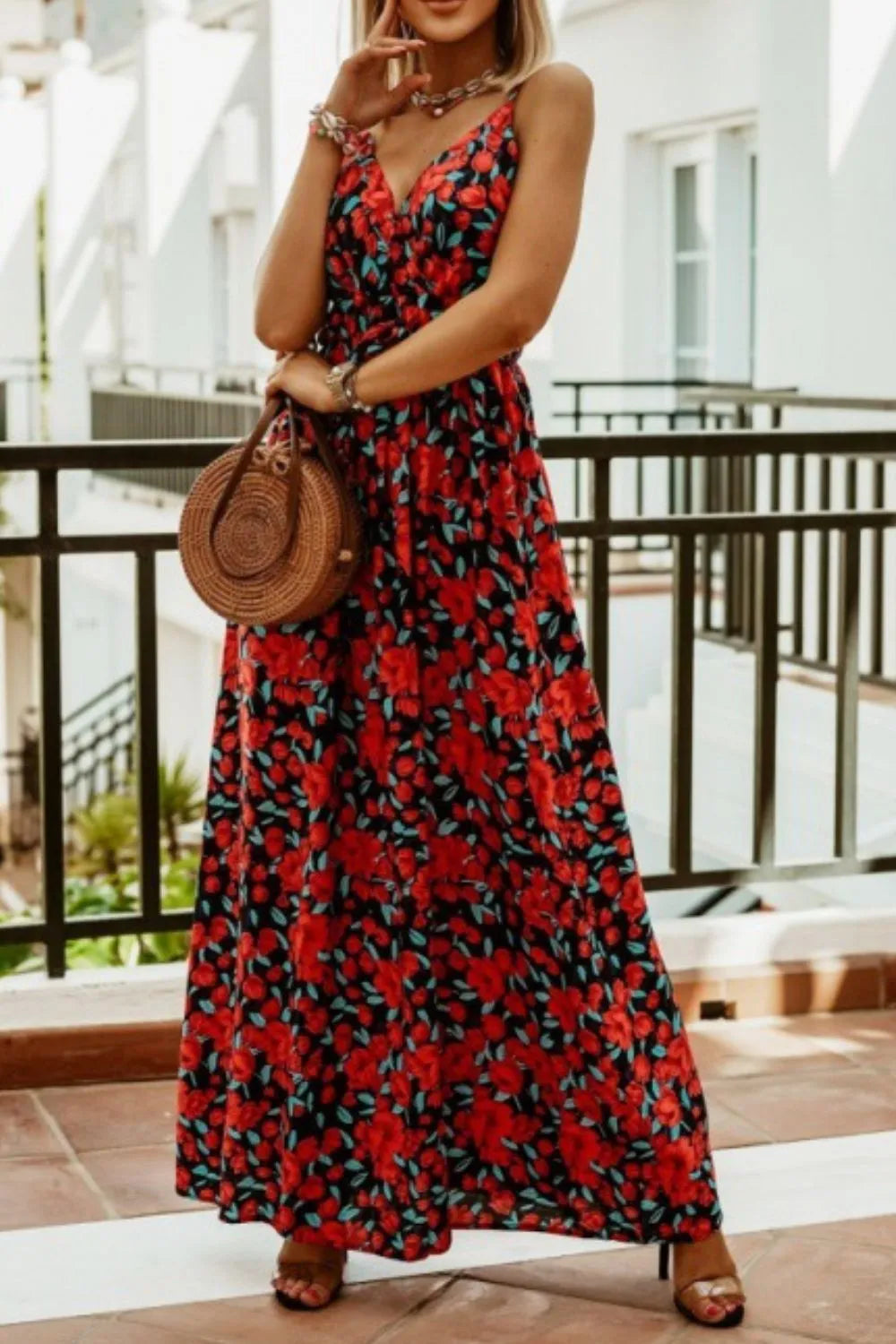 Printed Spaghetti Strap Maxi Dress OutfitFlow