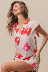 BiBi Bow Printed Woven Ruffled Sleeves V Neck Top OutfitFlow