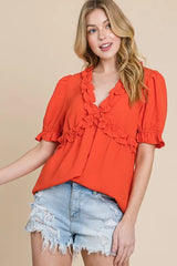 Lime 'N' Chili Solid Ruffled Deep V-Neck Puff Sleeve Babydoll Top OutfitFlow