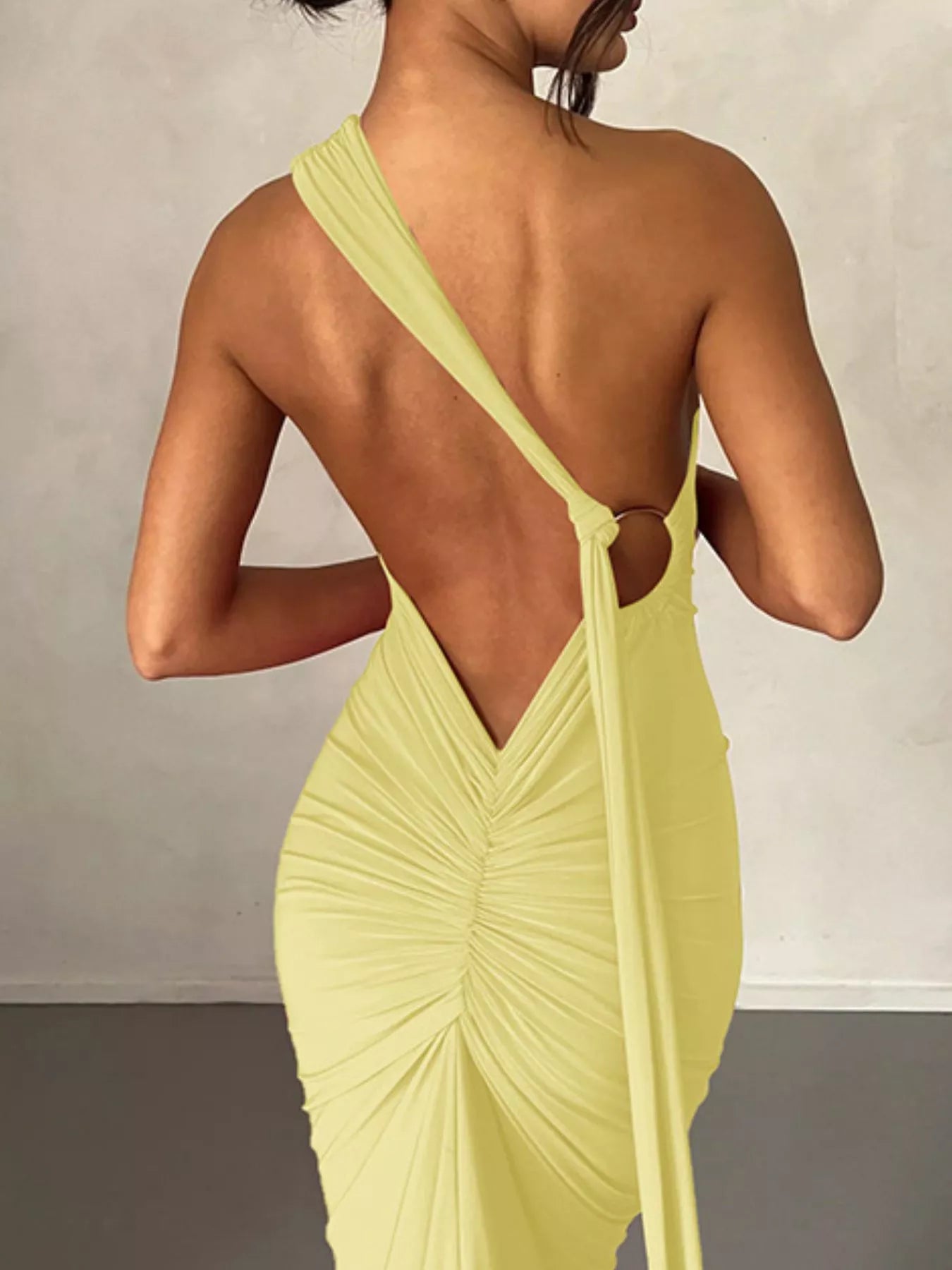 Backless One-Shoulder Ruched Bodycon Maxi Dress OutfitFlow