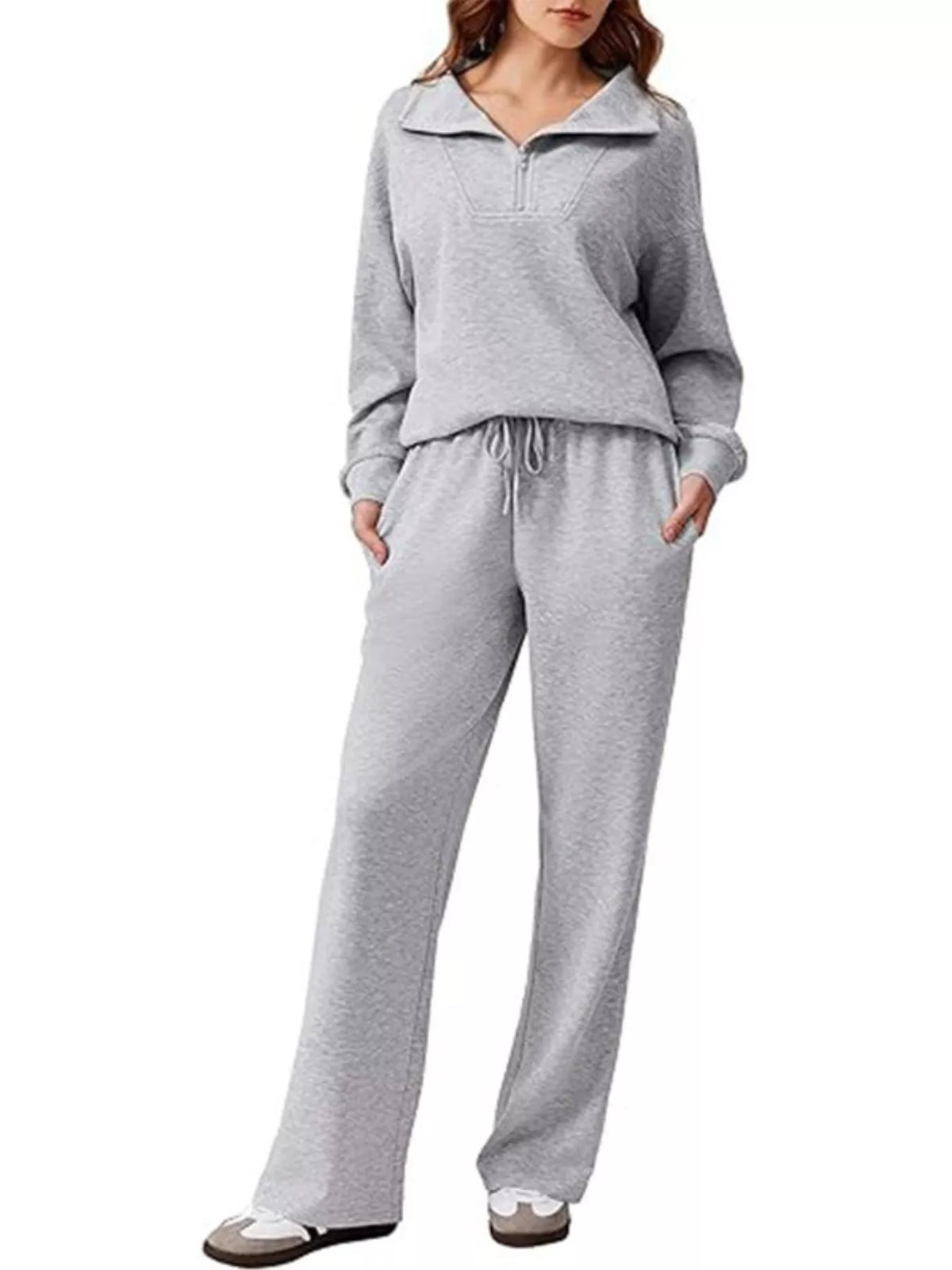 Zip Collar Dropped Shoulder Top and Pants Set Light Gray OutfitFlow