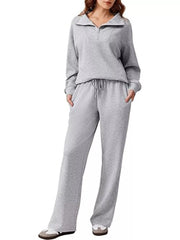 Zip Collar Dropped Shoulder Top and Pants Set Light Gray OutfitFlow