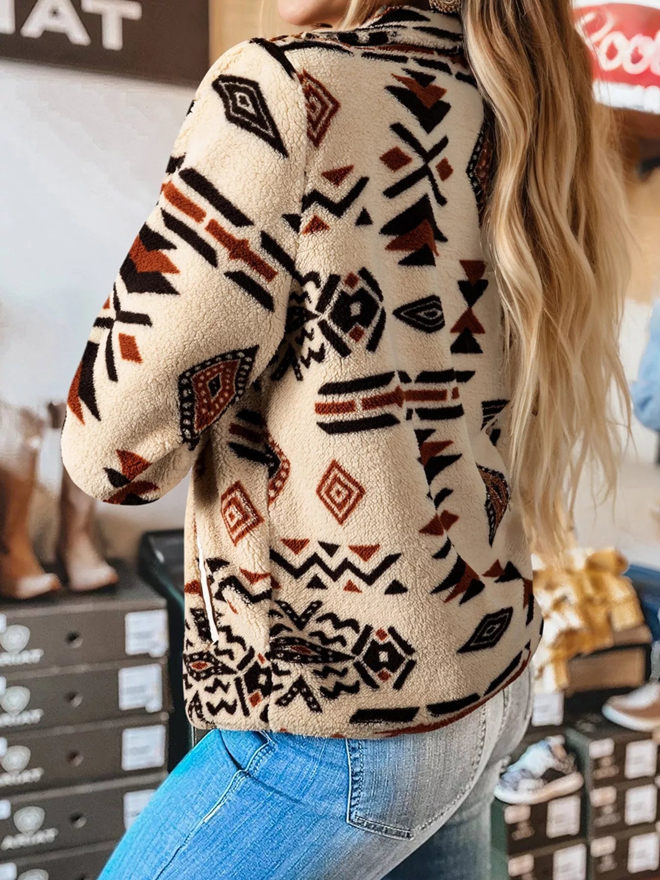 Western Aztec Half Zip Plush Sweatshirt OutfitFlow